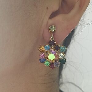 Vintage Retro Rhinestone Flower Clip on Earrings